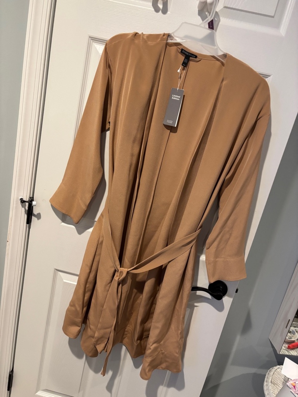 Eileen Fisher Silk Double Crepe Camel Long-Sleeve Wrap Dress with Tie
